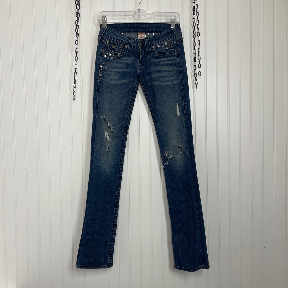 True Religion Women’s Blue Distressed Jeweled Low Rise Jeans Size 25